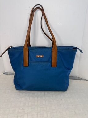 Tumi Navy Blue Nylon Tote with Brown Leather Handles